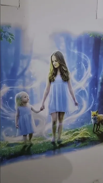 Dwie dziewczynki i lis w rozświetlonym leśnym baśniowym motywie — mural w pokoju dziecięcym.